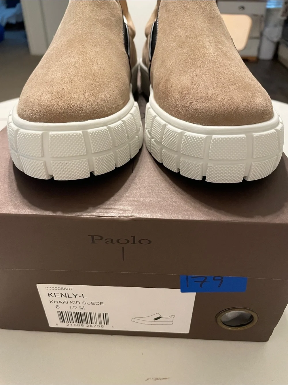 PAOLO Kenny Khaki NEw in BoxSuede Women Slip-On Suede Sneakers in Taupe Sz 6 1/2